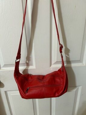 Classic Red Leather Crossbody Bag with Front Zip Pocket